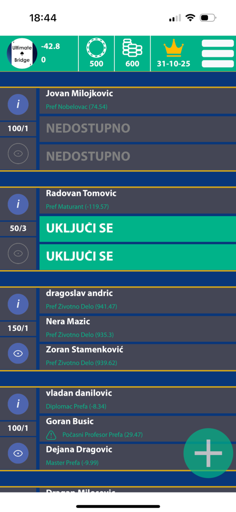 Multiplayer game lobby screen for Ultimate Preferans showing available tables and players