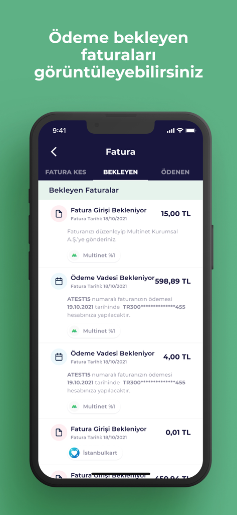 Interface of MultiPOS app displaying pending invoices and payment details for business owners