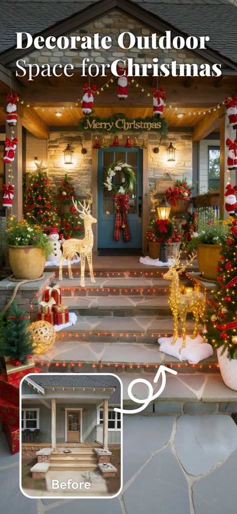 AIを使用して、ライトやトナカイでクリスマス用に装飾された家のポーチの、ビフォーアフター比較。