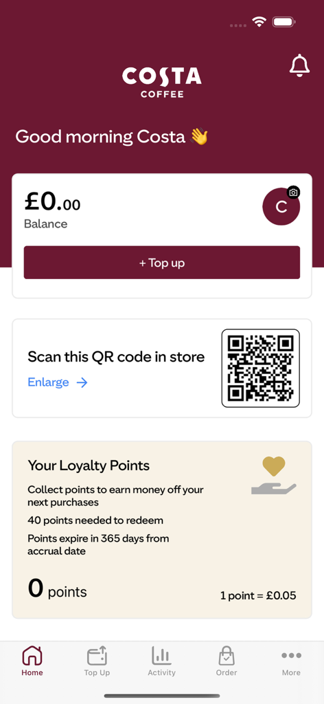 Costa Coffee Gibraltar - コスタコーヒー ジブラルタルアプリのホーム画面。ウォレット残高とロイヤルティポイントが表示されています