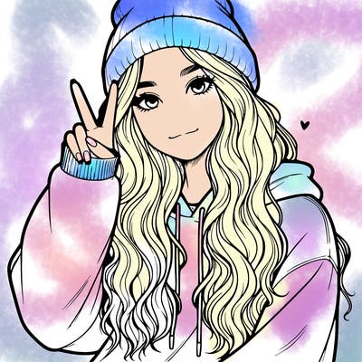 a teenage girl in a beanie, oversized sweatshirt, wavy long hair, and is showing a ✌️