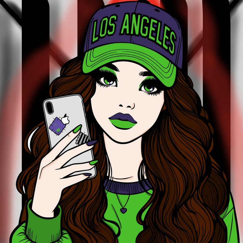 realistic beautiful girl wearing los ángeles cap holding an iphone