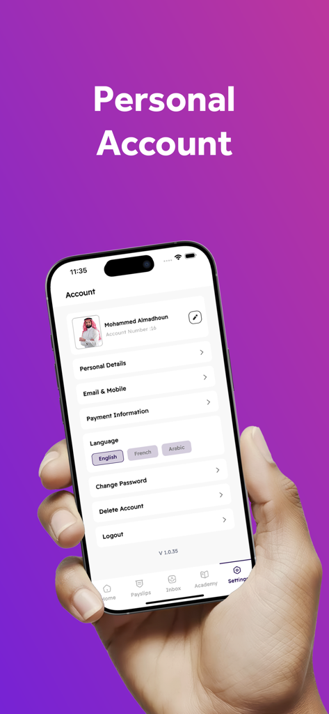 Event Masters app account settings screen showing user profile details and language options for English French and Arabic