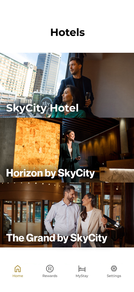 Screenshot of the SkyCity app showing available hotels including SkyCity Hotel, Horizon, and The Grand.