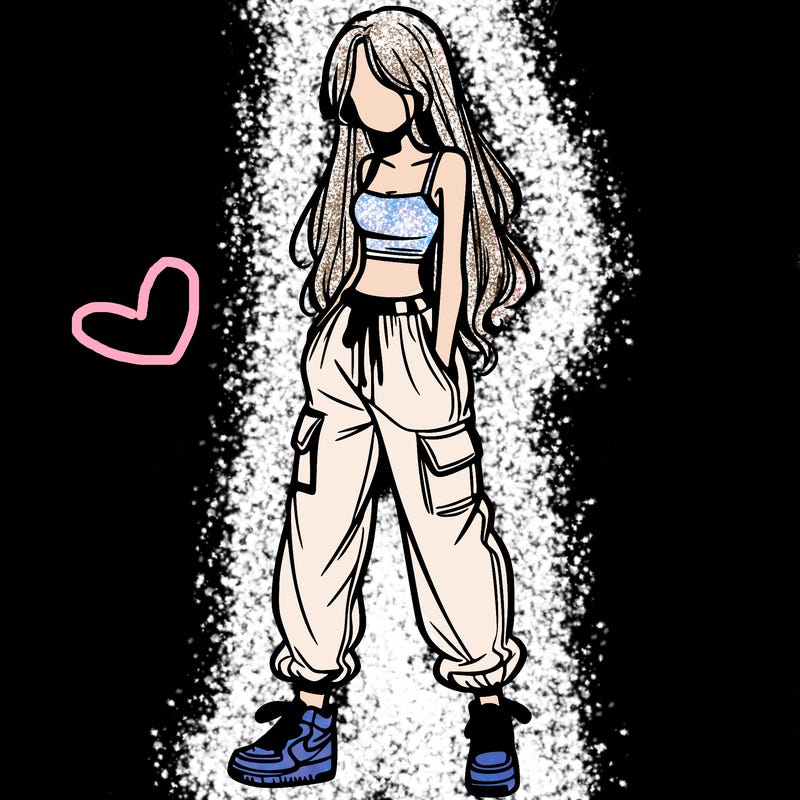 girl in baggy pants crop top and long hair