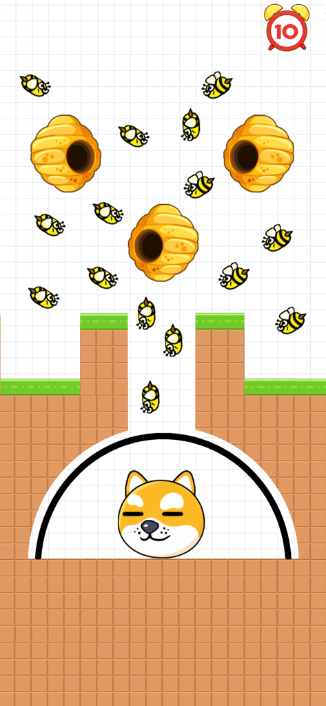Save The Pets: Save Dog - Un perro Shiba Inu protegido de abejas por una línea dibujada a mano en el juego de puzzles Save The Pets.