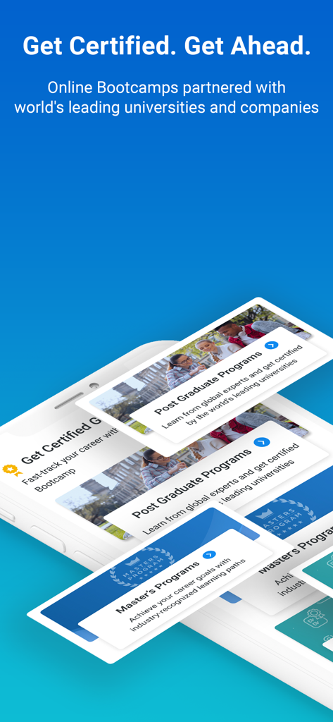 Simplilearn app interface showing post graduate and masters online certificate programs
