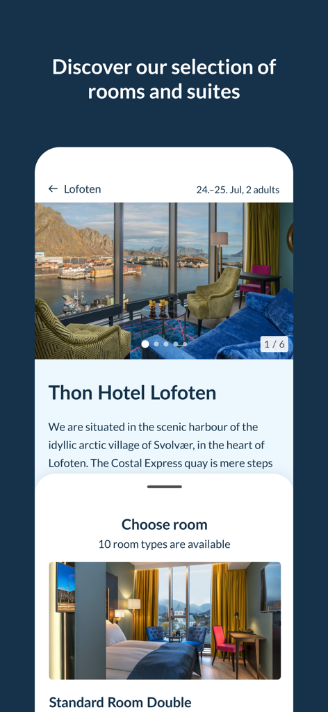 Thon Hotels app screen showing room types and a scenic view of Thon Hotel Lofoten