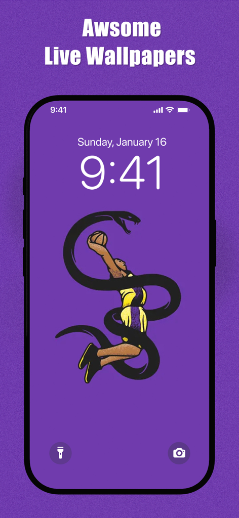 Basketball player illustration with a black mamba snake on a purple iPhone lock screen background