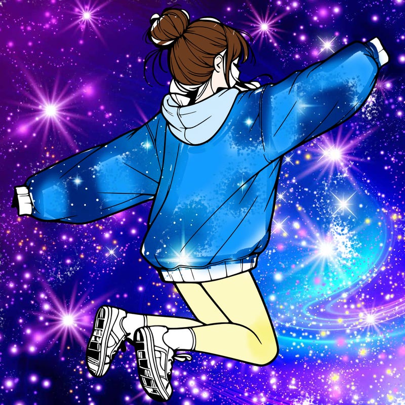 realistic girl jumping with a bun and oversized sweatshirt