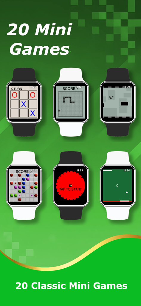 20 Watch Games - Classic Pack - 三目並べ、ヘビゲーム、迷路など、様々な定番ミニゲームが表示された6つのApple Watchのコラージュ。