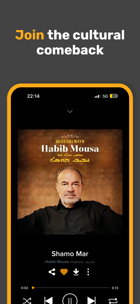 Toby.Audio - Toby.Audio app music player screen featuring artist Habib Moussa with the text Join the cultural comeback