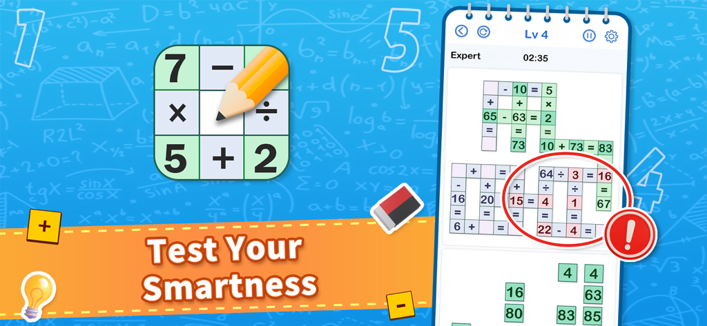Cross Math - Math Game - Cross Math game interface showing a brain training logic puzzle grid and math icons