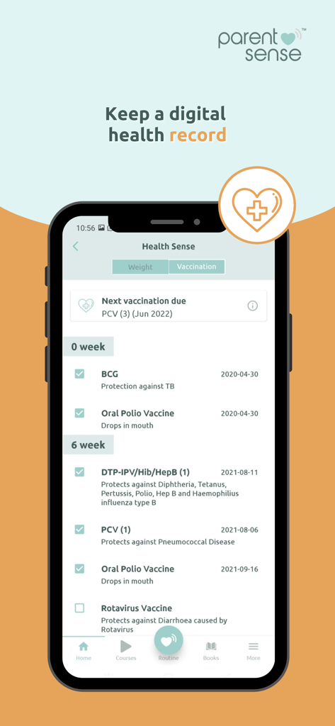 Parent Sense: Daily Baby Care - A digital health record interface showing a baby vaccination schedule and tracker within the Parent Sense app.
