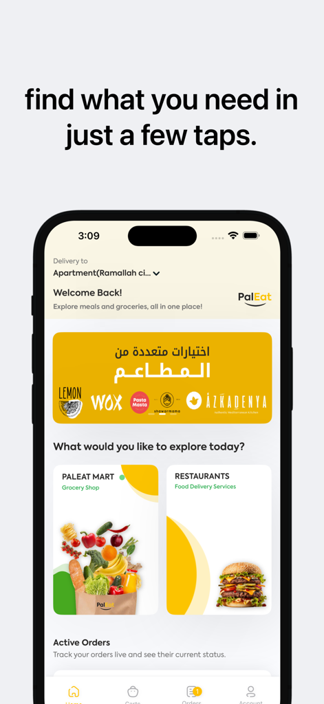PalEatアプリのホーム画面、バイリンガルインターフェースで食料品とレストランの配達オプションが表示されています