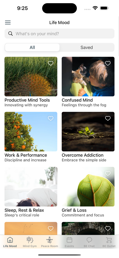 BE by Befitment - BE by Befitment app interface showing life mood categories for mental and emotional wellness