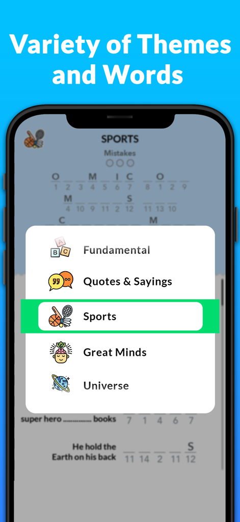 Figure it - Cryptogram Games - Menu do jogo de palavras lógicas de criptograma Figure it mostrando uma variedade de temas de quebra-cabeça
