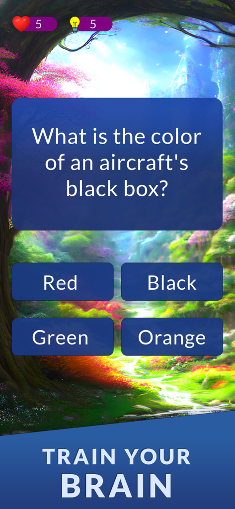 Pergunta de trivia de conhecimento geral sobre a caixa preta de uma aeronave no aplicativo QuiDiDo.