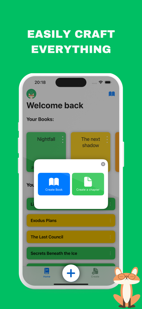 MrsWriter for writers - The MrsWriter app interface showing a pop-up menu with options to create a book or a chapter.