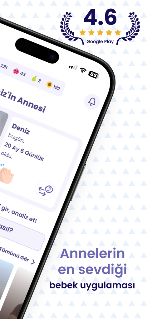 Elika Baby Care and Monitoring - Tela do smartphone mostrando o aplicativo Elika Baby Care com uma classificação de 4,6 estrelas e informações de rastreamento de desenvolvimento do bebê.