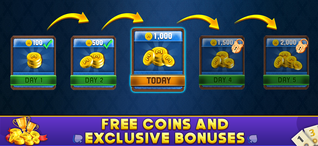 Okey - Offline Board Game - Pantalla de recompensas diarias en el juego de mesa Okey que muestra bonificaciones de monedas del día uno al cinco.