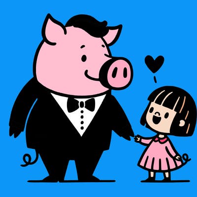 a pig in a tuxedo in love with a little girl with short hair