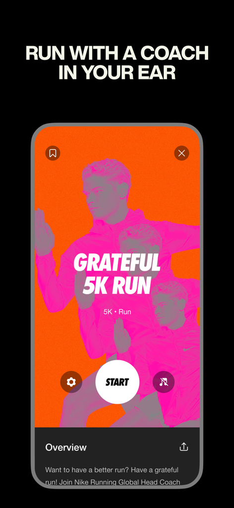 Nike Run Clubアプリのインターフェース、開始ボタンとオーディオコーチ機能付きのガイド付き5Kランを表示