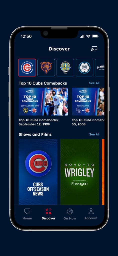 The Discover screen of the Marquee Sports Network app featuring Chicago Cubs highlights and sports documentaries