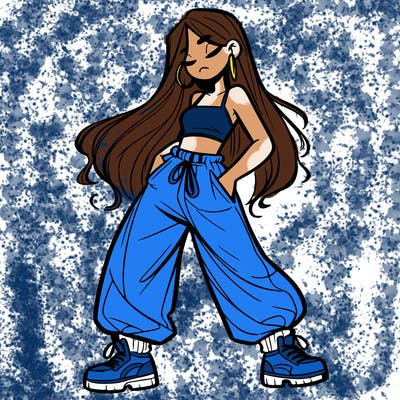 girl in baggy pants crop top and long hair