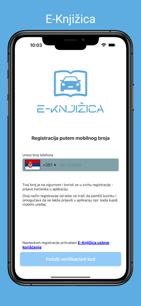 E-Knjižica - E-Knjižica app registration screen featuring mobile phone number verification for digital car service records