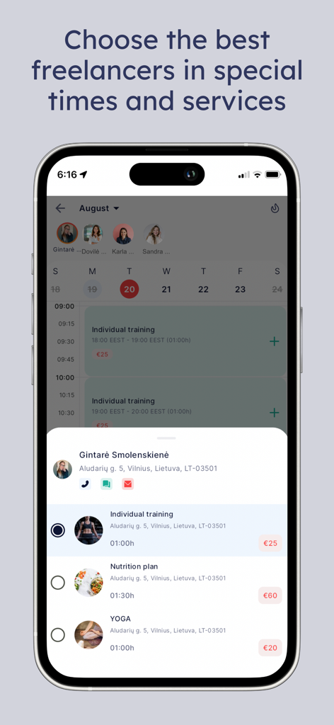 예약 가능한 시간대를 보여주는 서비스 제공업체를 보여주는 Timespex 앱의 모바일 화면