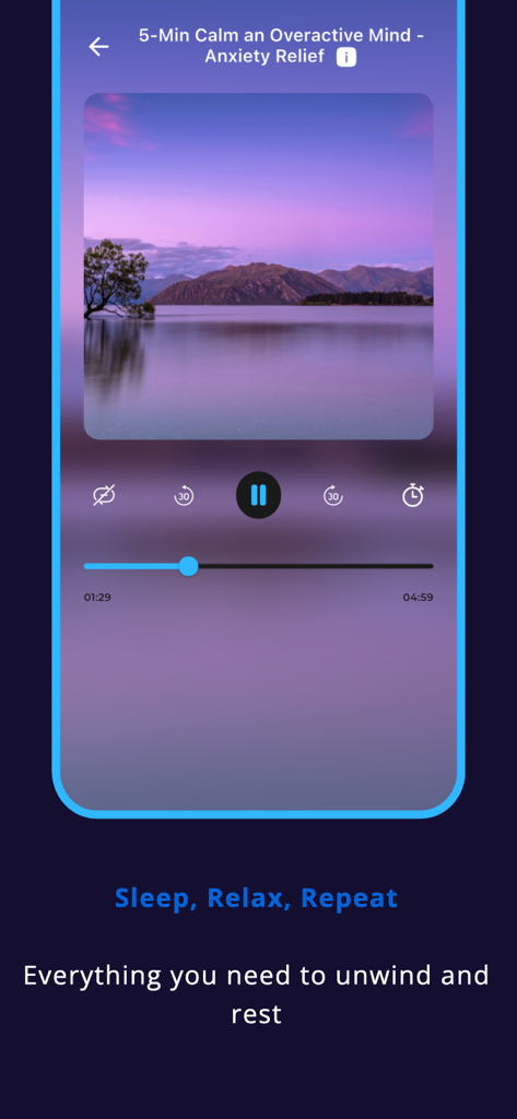 Chill Pill - Sleep & Relax - Chill Pill app interface showing a five minute meditation session for anxiety relief with a peaceful lake background