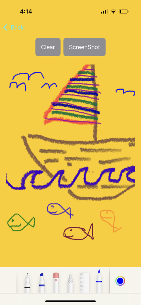 Maze Lab Creator - 迷路ラボクリエイターアプリで作成された、黄色い紙に描かれたカラフルな帆船、魚、鳥のデジタル描画。