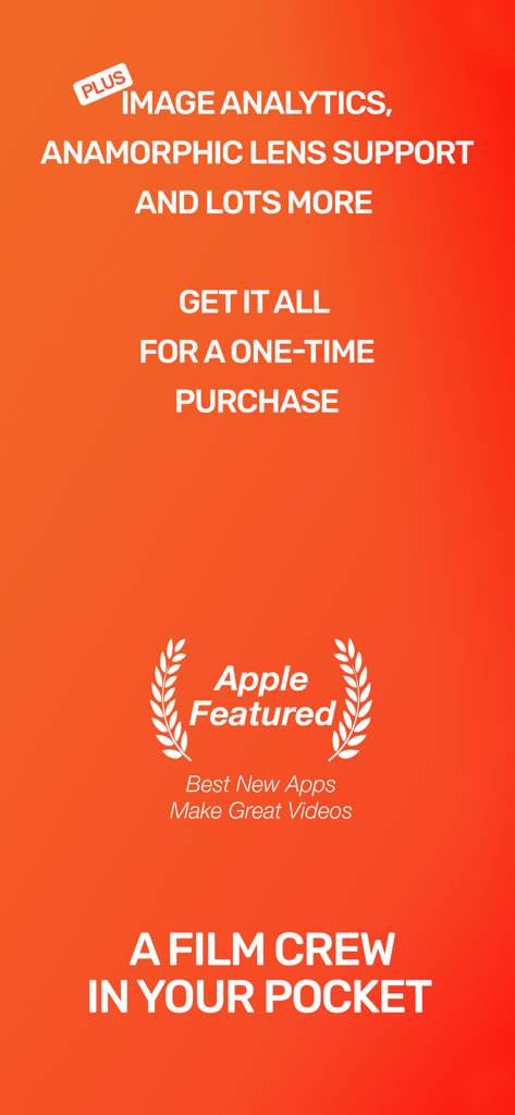 Guerrilla Filmmaker: Camera - Promotional screen for Guerrilla Filmmaker app showing features like anamorphic lens support and one time purchase price with Apple Featured award