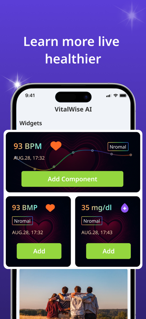 VitalWise AI health app dashboard showing heart rate and blood sugar tracking widgets.