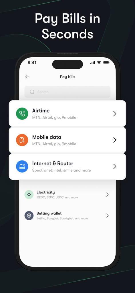 Apexpay - Redeem Gift Cards - Apexpay mobile app interface for paying Nigerian utility bills and mobile top-ups