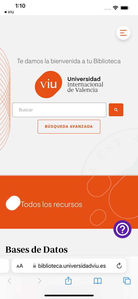 Pantalla móvil que muestra la interfaz de búsqueda de la biblioteca digital de la Universidad Internacional de Valencia VIU