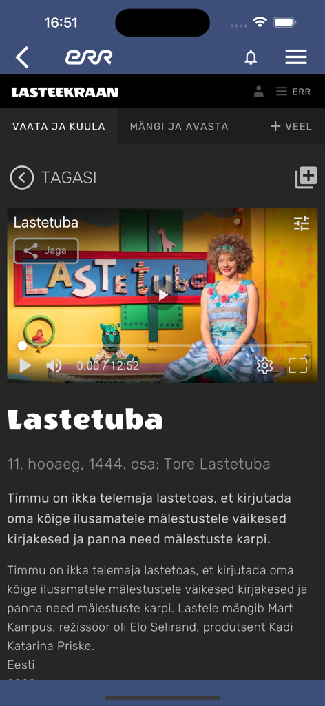 Uno screenshot dell'app mobile ERR che mostra il programma televisivo per bambini estone Lastetuba.