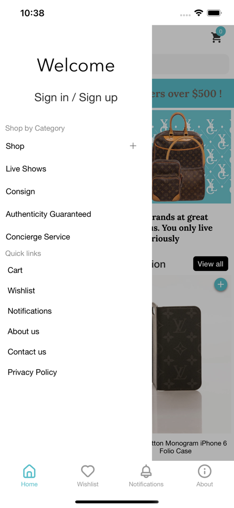 Navigation menu of the YOLO Luxury Consignment mobile app featuring shopping categories and quick links for users