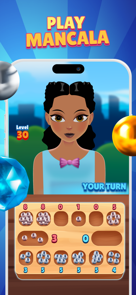 Mancala Adventures Gameplay-Bildschirm, der ein Brettspiel mit einem individuell gestalteten weiblichen Avatar zeigt
