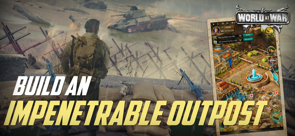 World at War WW2 Strategy MMO - World at War WW2 strategy game interface showing base construction and military headquarters.