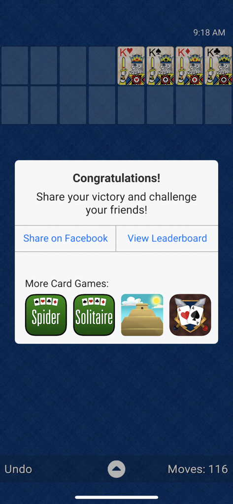 Free Cell Classic - A victory message in the Free Cell Classic app showing options to share or view the leaderboard