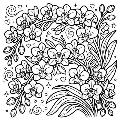 Unleash your creativity with this charming Kawaii Cymbidium Orchids coloring page. Featuring adorable flower faces and elegant blooms, it's a delightful artistic escape for all ages.