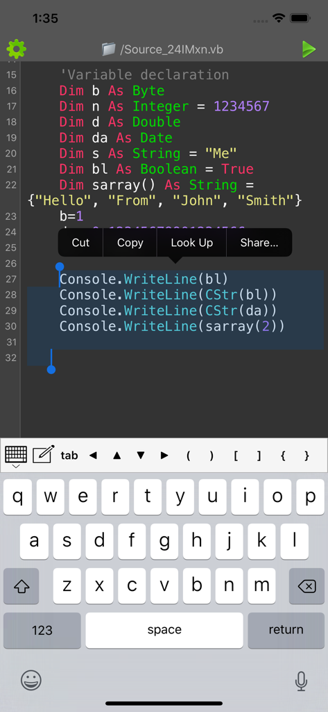 Un editor di codice mobile che mostra l'evidenziazione della sintassi VB.NET e una tastiera personalizzata con simboli di programmazione su un iPhone