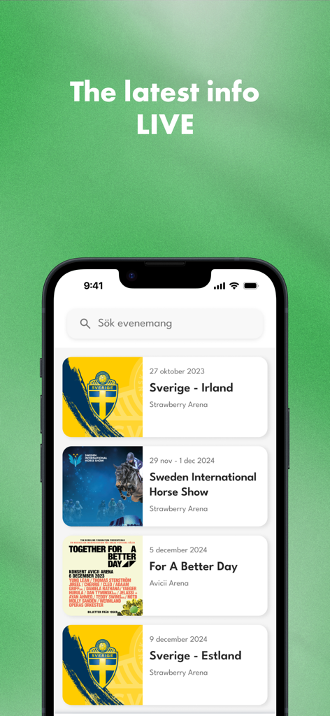 Interfaz de la aplicación Stockholm Live que muestra una lista de próximos eventos deportivos y de entretenimiento en las arenas de Estocolmo