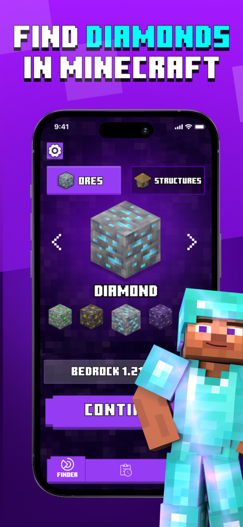 Interface of the Diamond Finder for Minecraft app showing diamond ore selection and Steve character in diamond armor