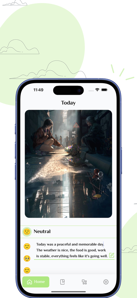 TaeOnHer - Diary - Interfaz de la aplicación TaeOnHer que muestra una entrada de foto diaria con seguimiento del estado de ánimo y notas personales.