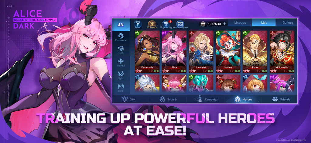 Mobile Legends: Adventure - Mobile Legends Adventure hero inventory screen featuring Alice and other characters at level 160