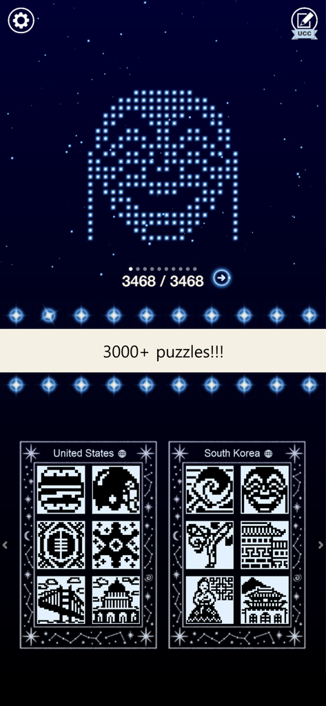 Nonogram galaxy 2 - Thema - Interfaccia dell'app Nonogram galaxy 2 che mostra oltre 3000 puzzle e categorie a tema come Stati Uniti e Corea del Sud.