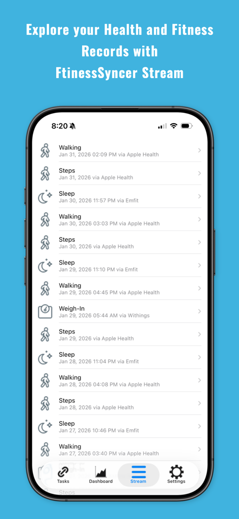Pantalla de flujo de la aplicación FitnessSyncer que muestra una lista unificada de datos de caminata, sueño y peso sincronizados de múltiples fuentes de salud.